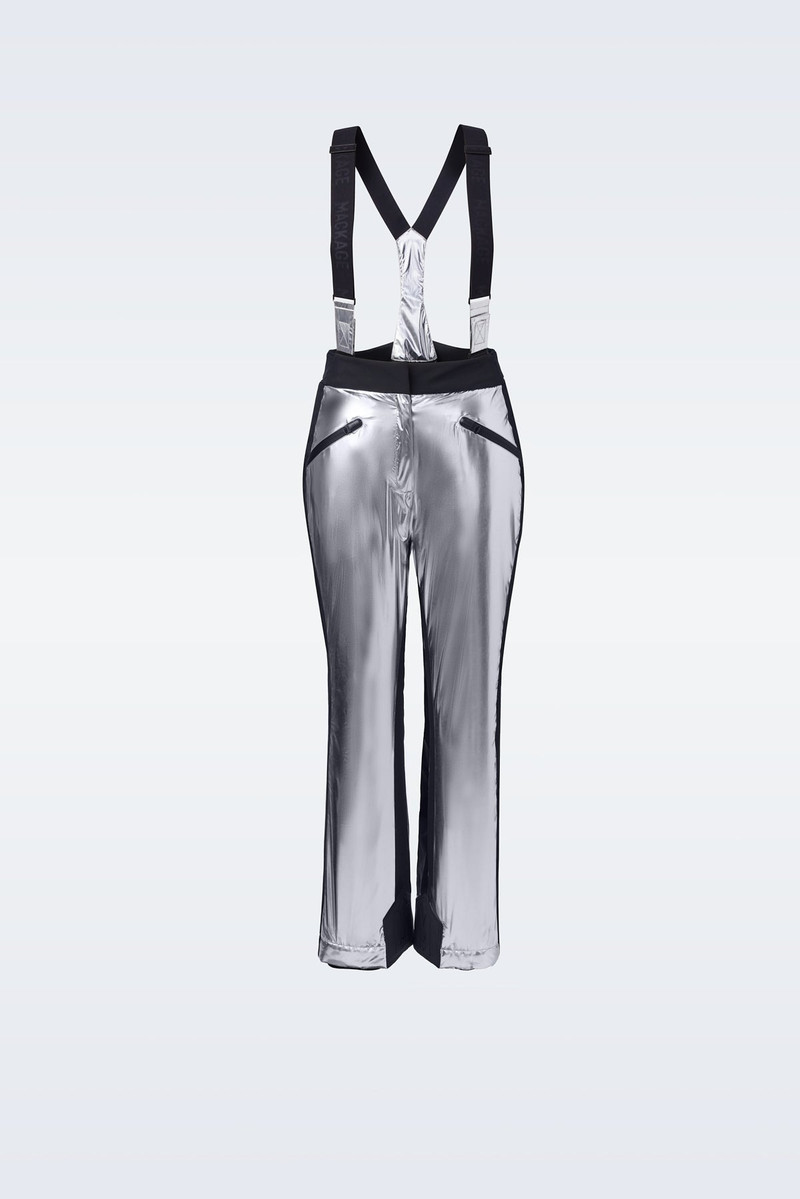 NYOMI metallic ski pant with removable suspenders 1