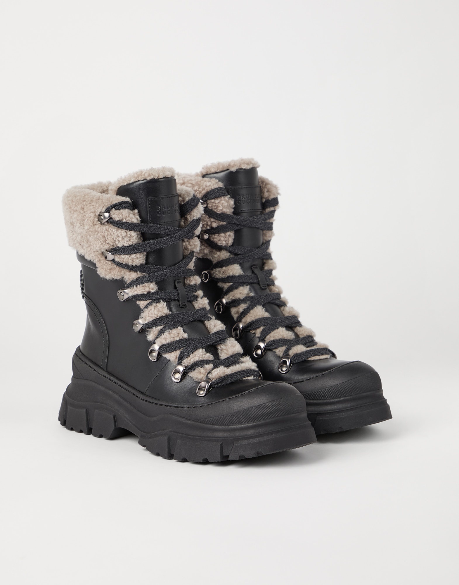 Matte calfskin and shearling mountain boots with shiny detail - 1