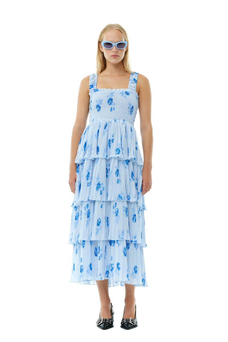 GANNI BLUE PLEATED GEORGETTE FLOUNCE SMOCK DRESS outlook
