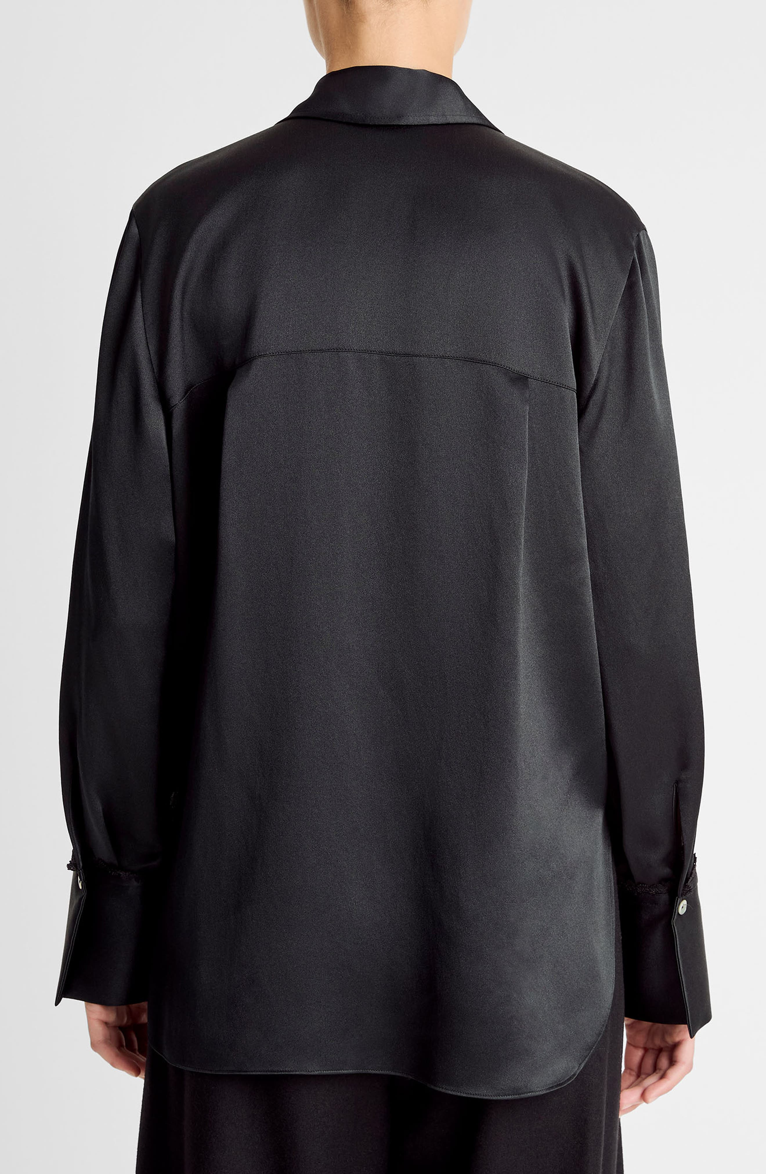 Vince Relaxed Lace Trim Placket Silk Satin Button-Up Shirt in Black at Nordstrom - 2