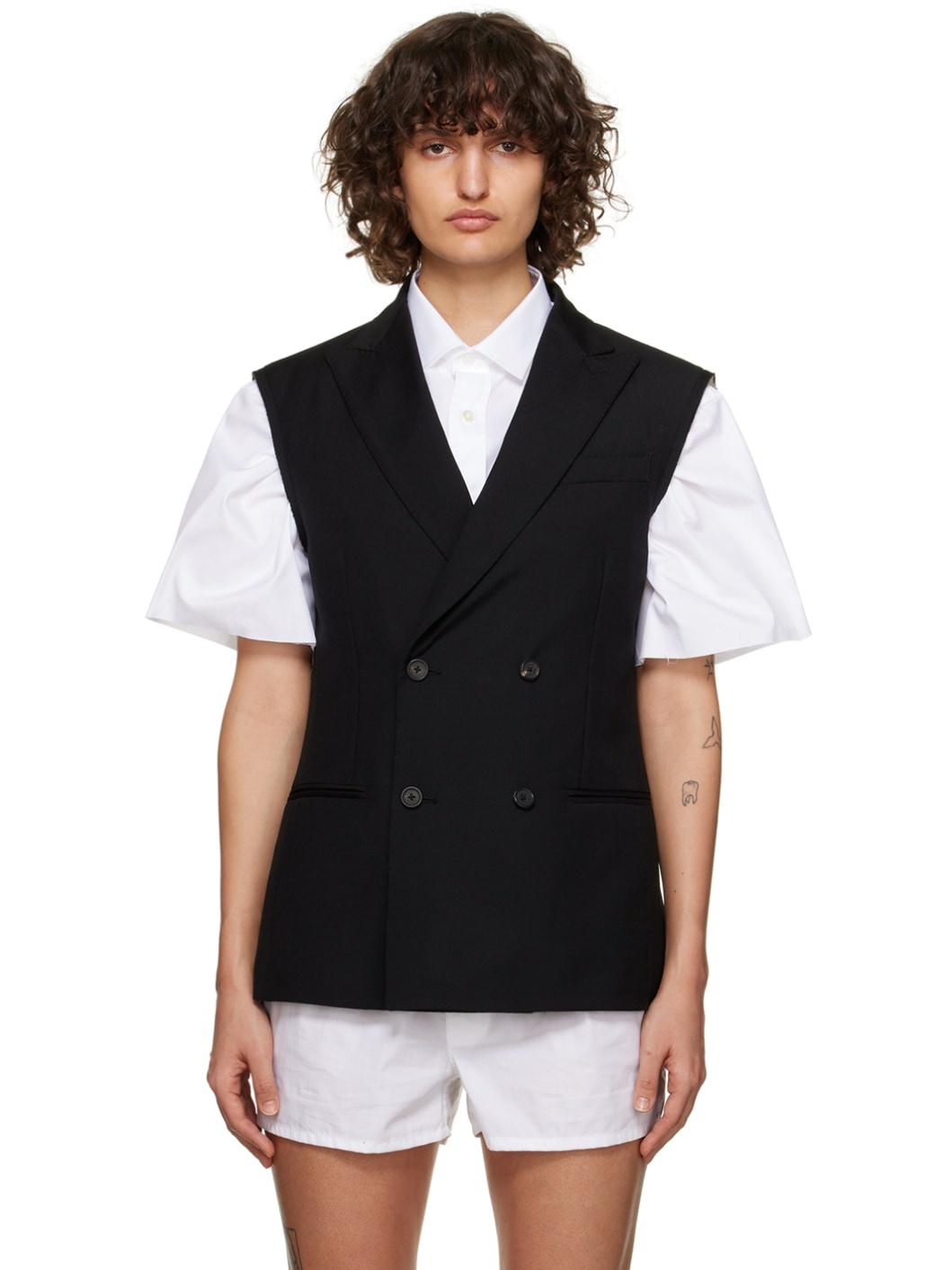Black Peaked Lapel Vest - 1