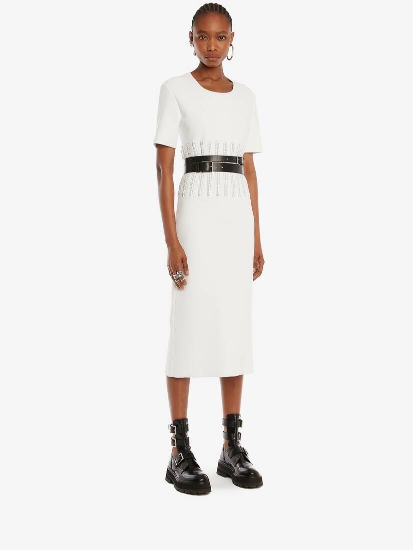Engineered Jacquard Knit Pencil Dress in Optic White/black - 3