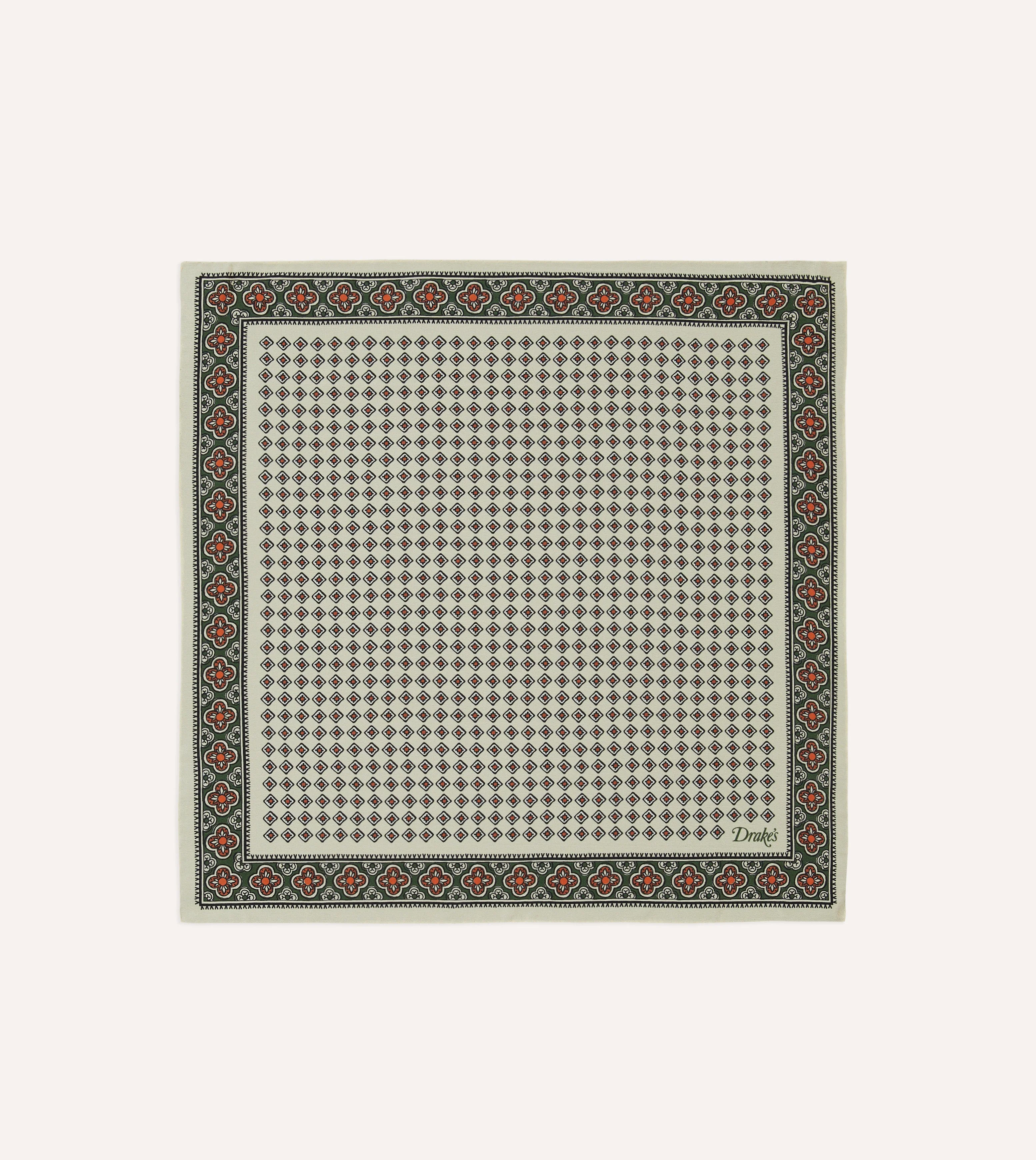 Ecru Vintage Tile Print Silk Pocket Square - 1