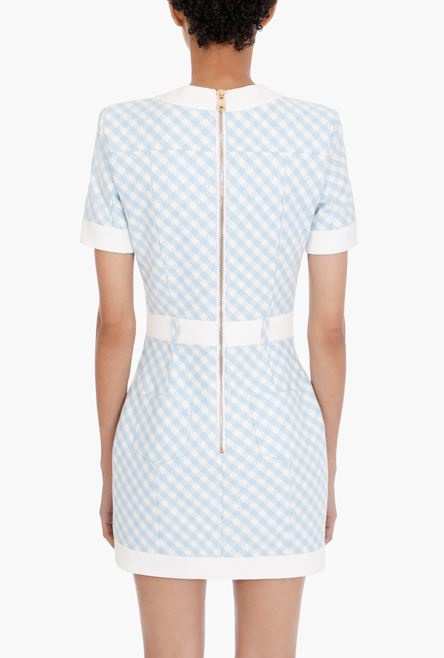 Short blue and white gingham-print cotton dress - 5