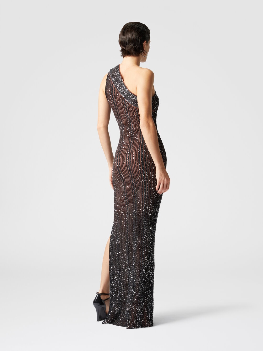 Long one-shoulder ribbed dress with sequins and slit - 3