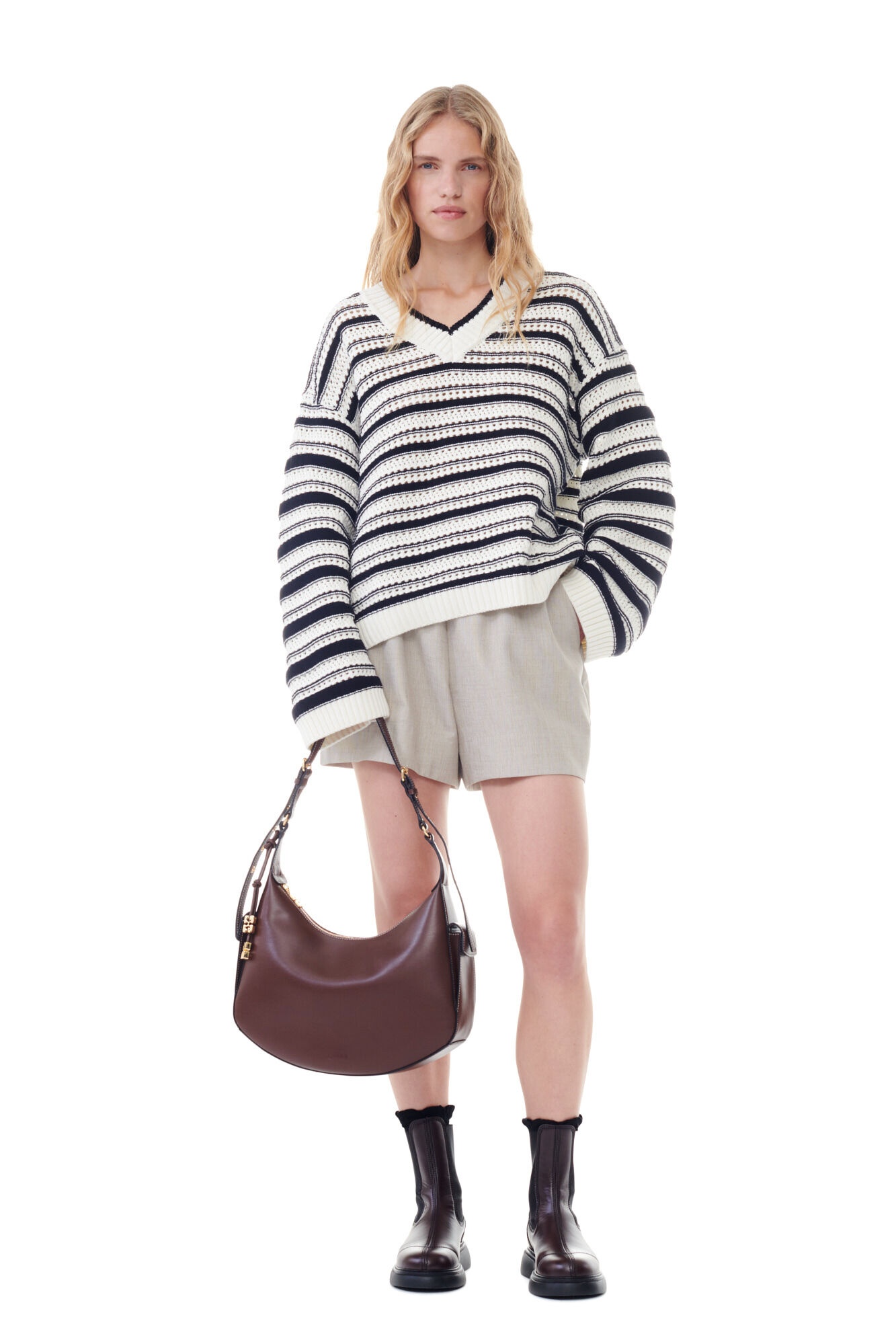 STRIPED COTTON V-NECK PULLOVER - 4