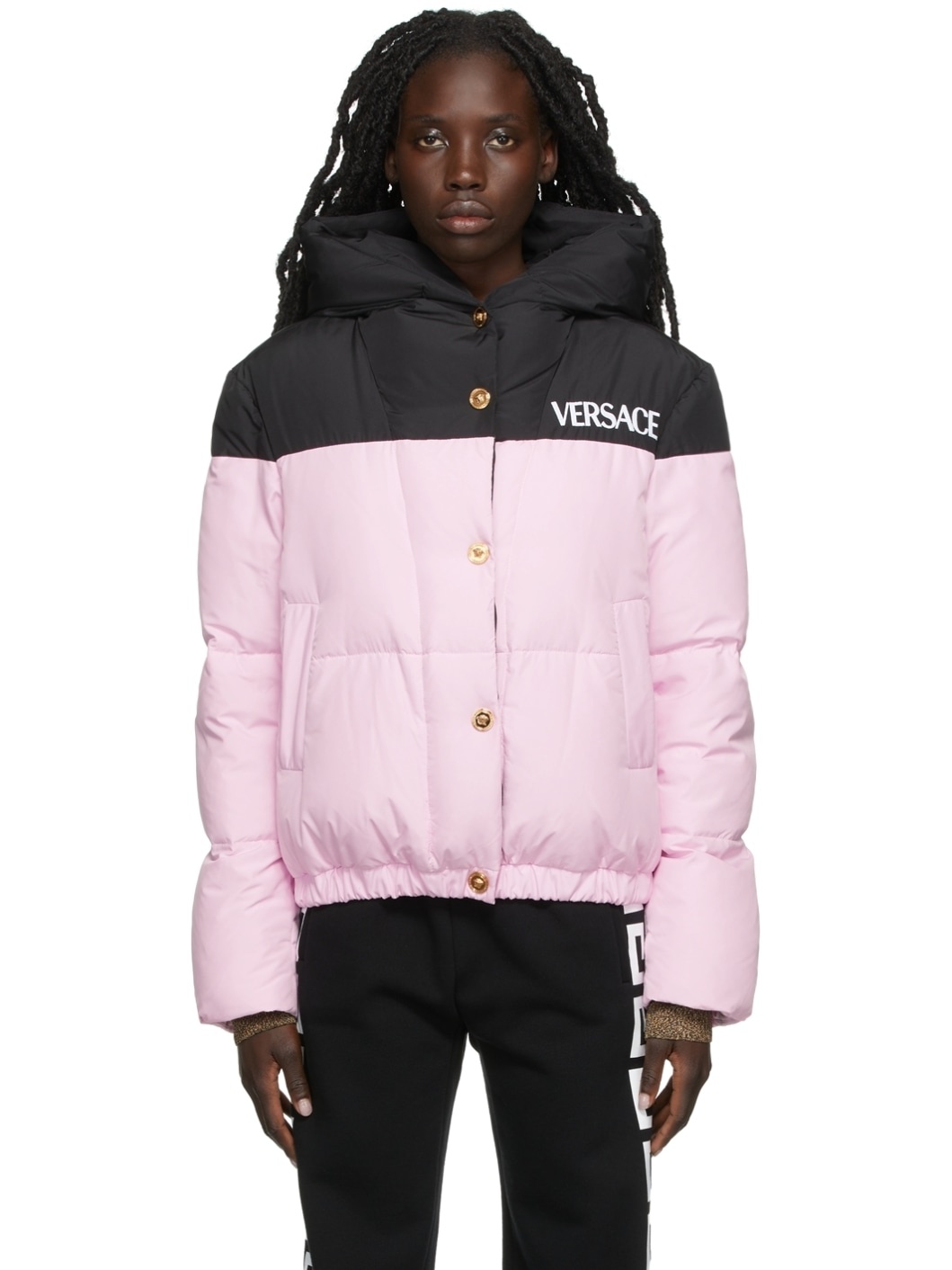 Pink & Black Down Logo Puffer Jacket - 1