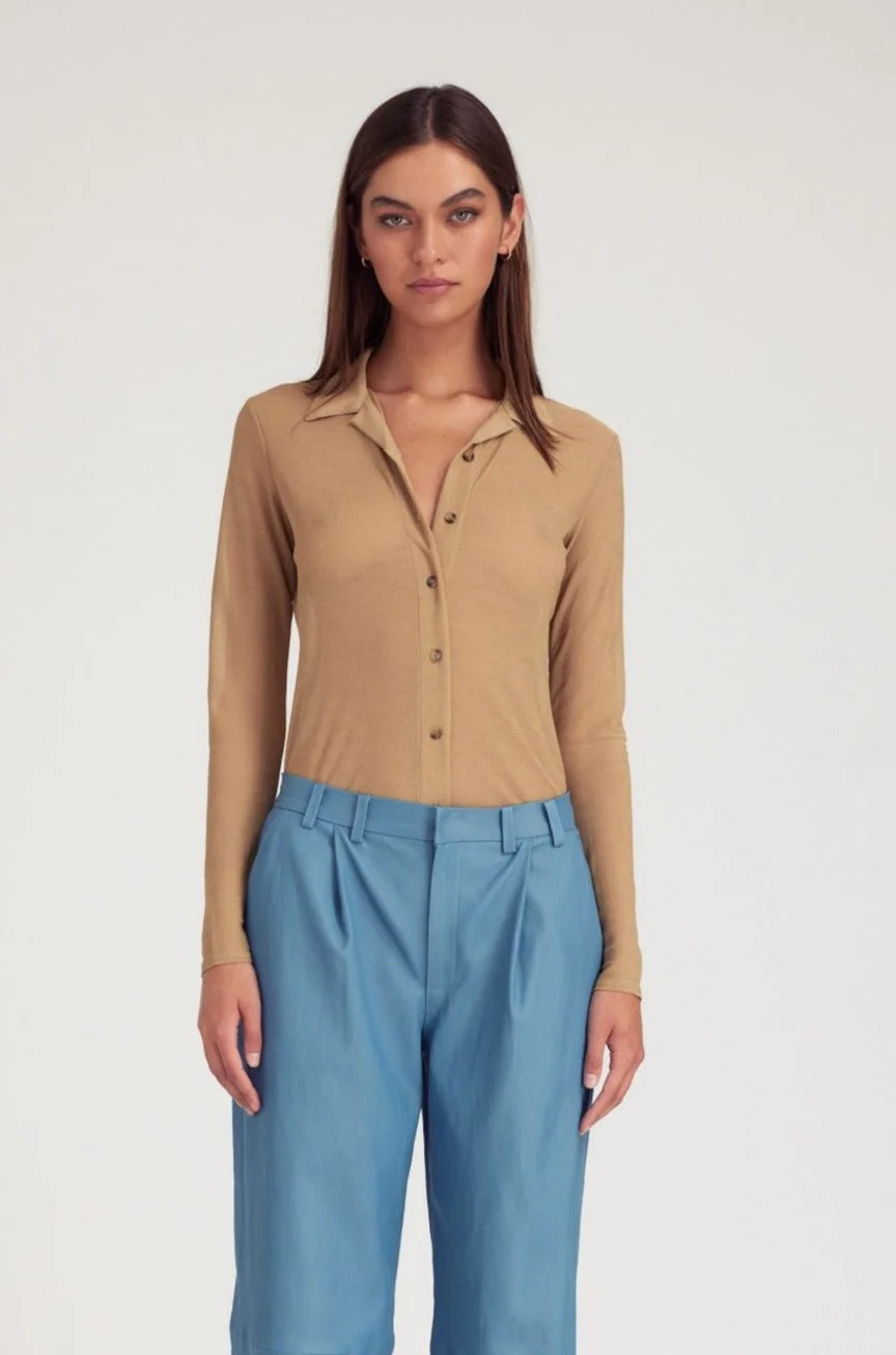 KHAKI KNIT MESH BUTTON DOWN - 1