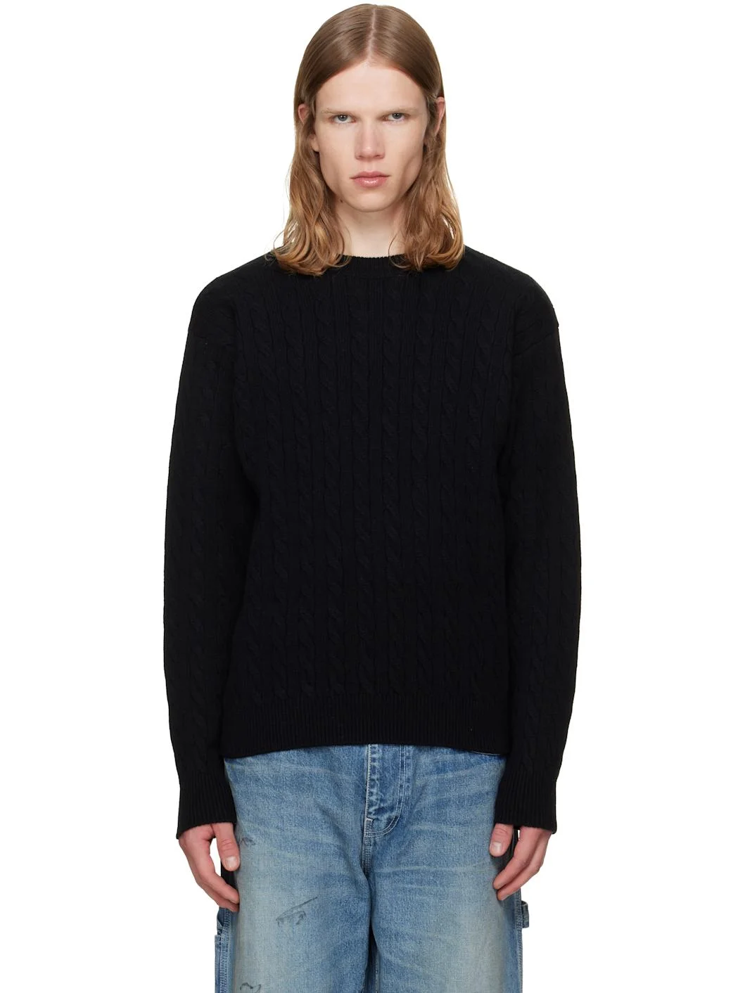 Black Cable Knit Crewneck Sweater - 1