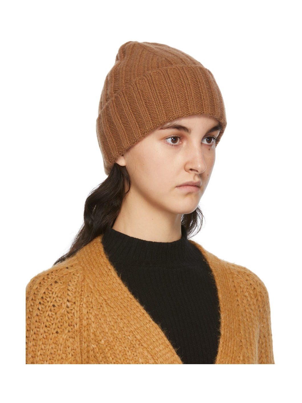 Brown Ribbed Cashmere Beanie - 2