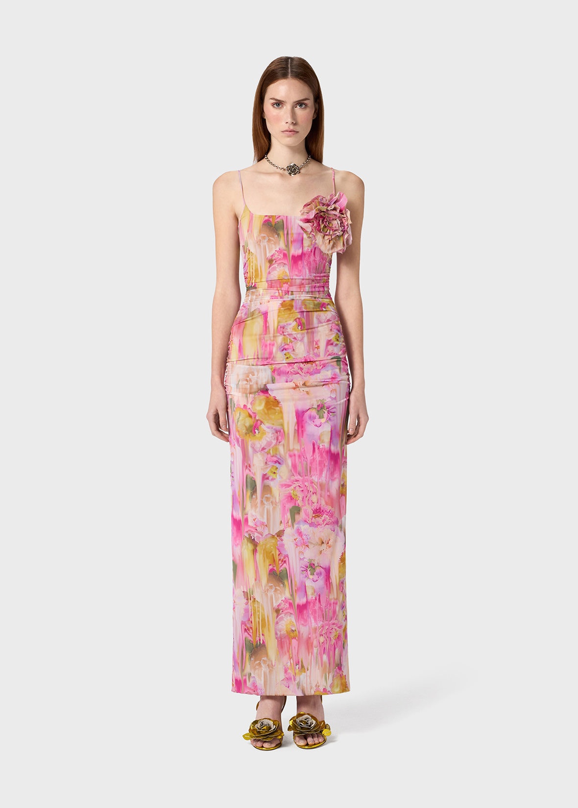 LONG DRESS IN PRINTED JERSEY WITH 3D FLOWER DECORATION - 3