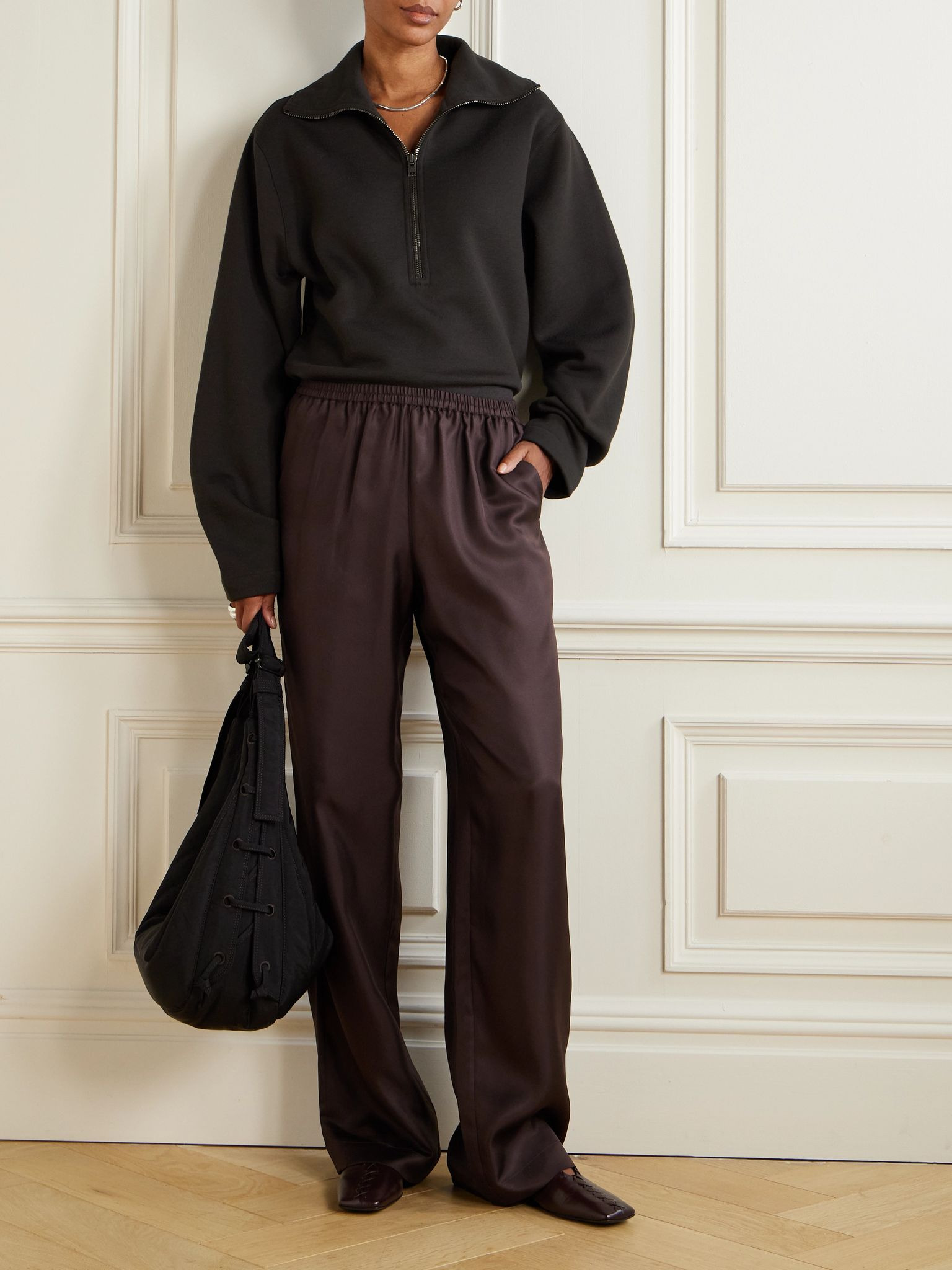 Wool and cotton-blend zip-up sweater Dark brown - 2