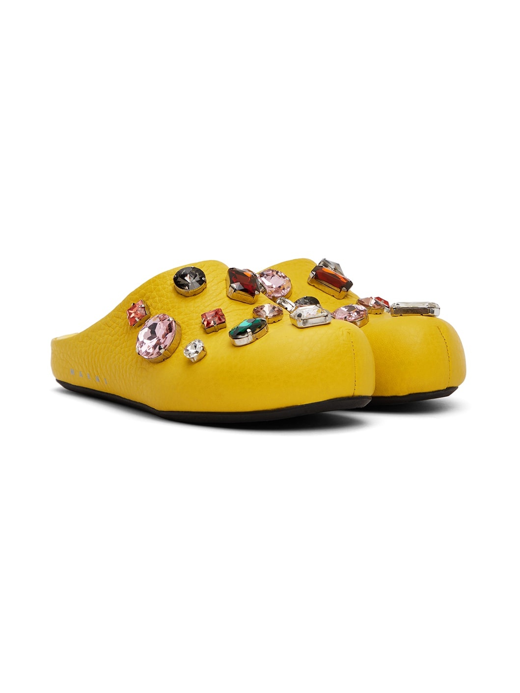 Yellow Leather Crystal Slides - 4