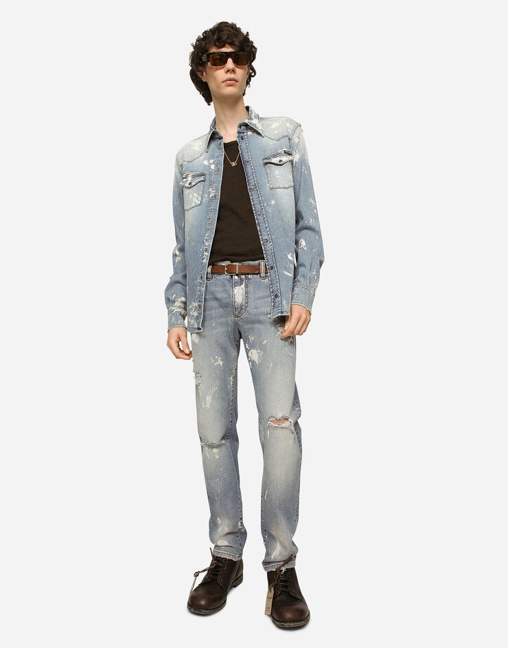 Bleach wash stretch denim shirt - 5