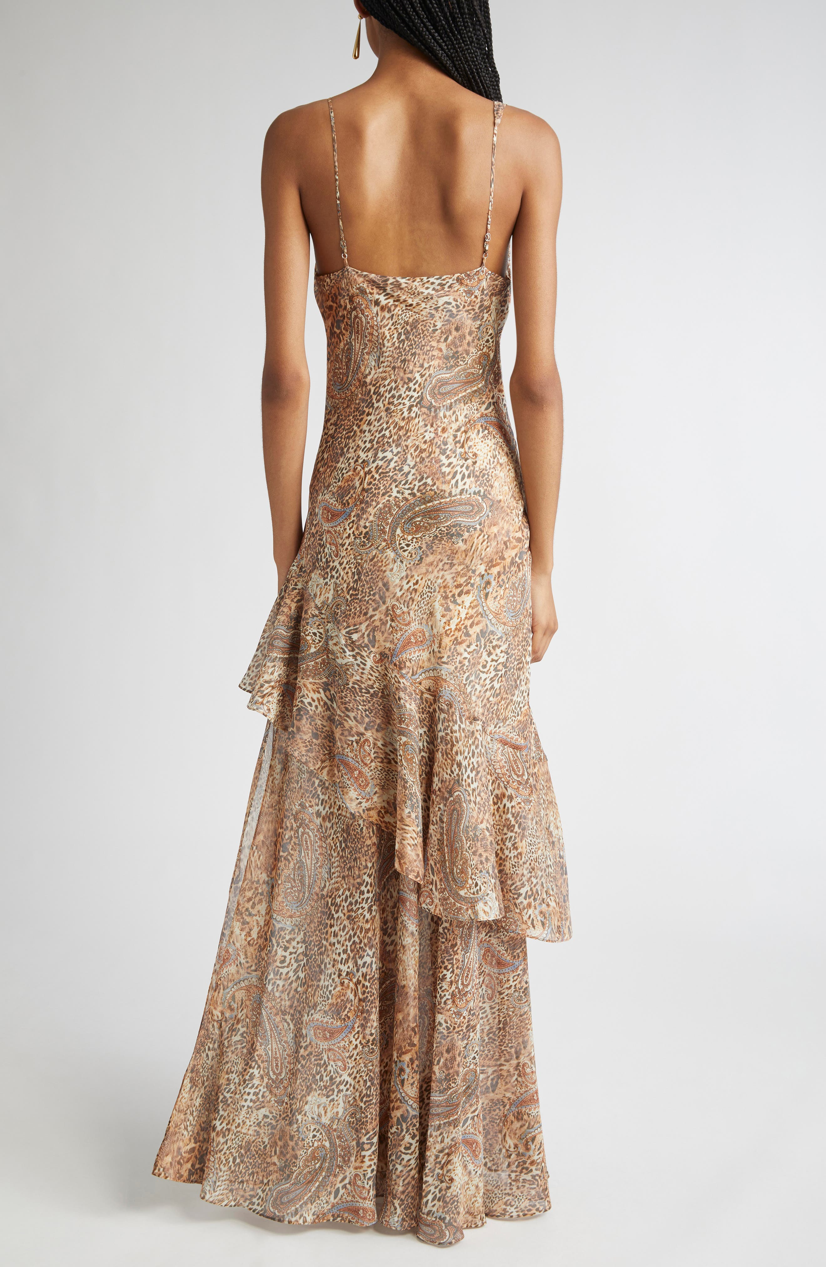 L'AGENCE Viola Mixed Print Tiered Silk Gown in Brown/Blue Valencia Leopard at Nordstrom - 2
