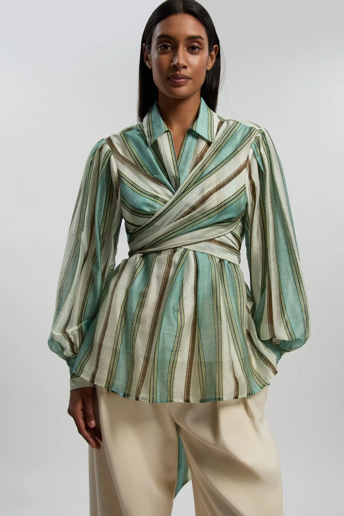 Stripe Slub Organdie Drama Sleeve Woven Wrap Detail Blouse - 1