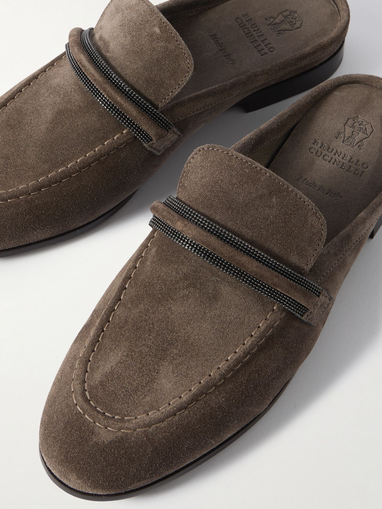 Bead-embellished suede slippers Brown - 4