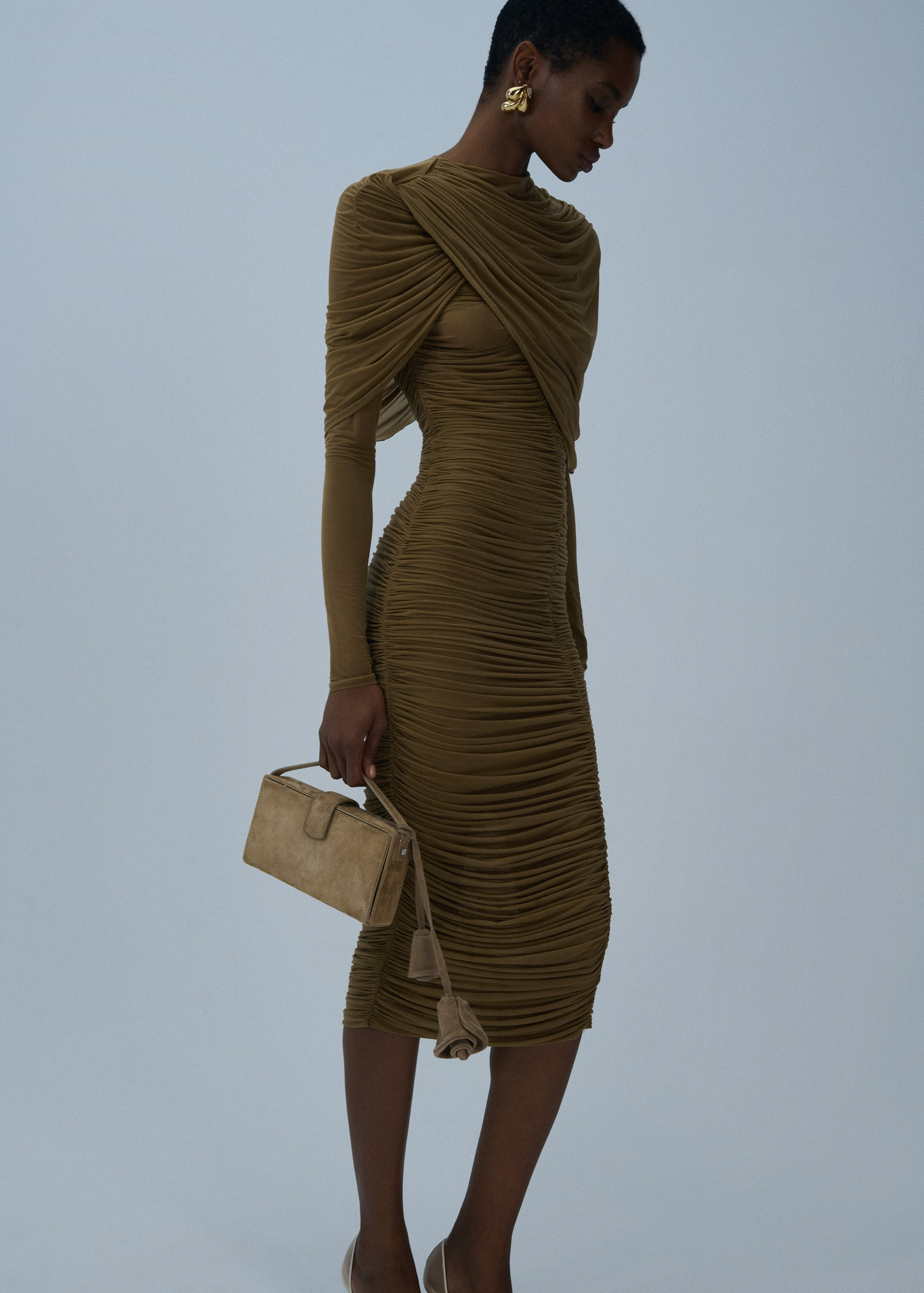 Draped high-neck midi dress in beige - 3
