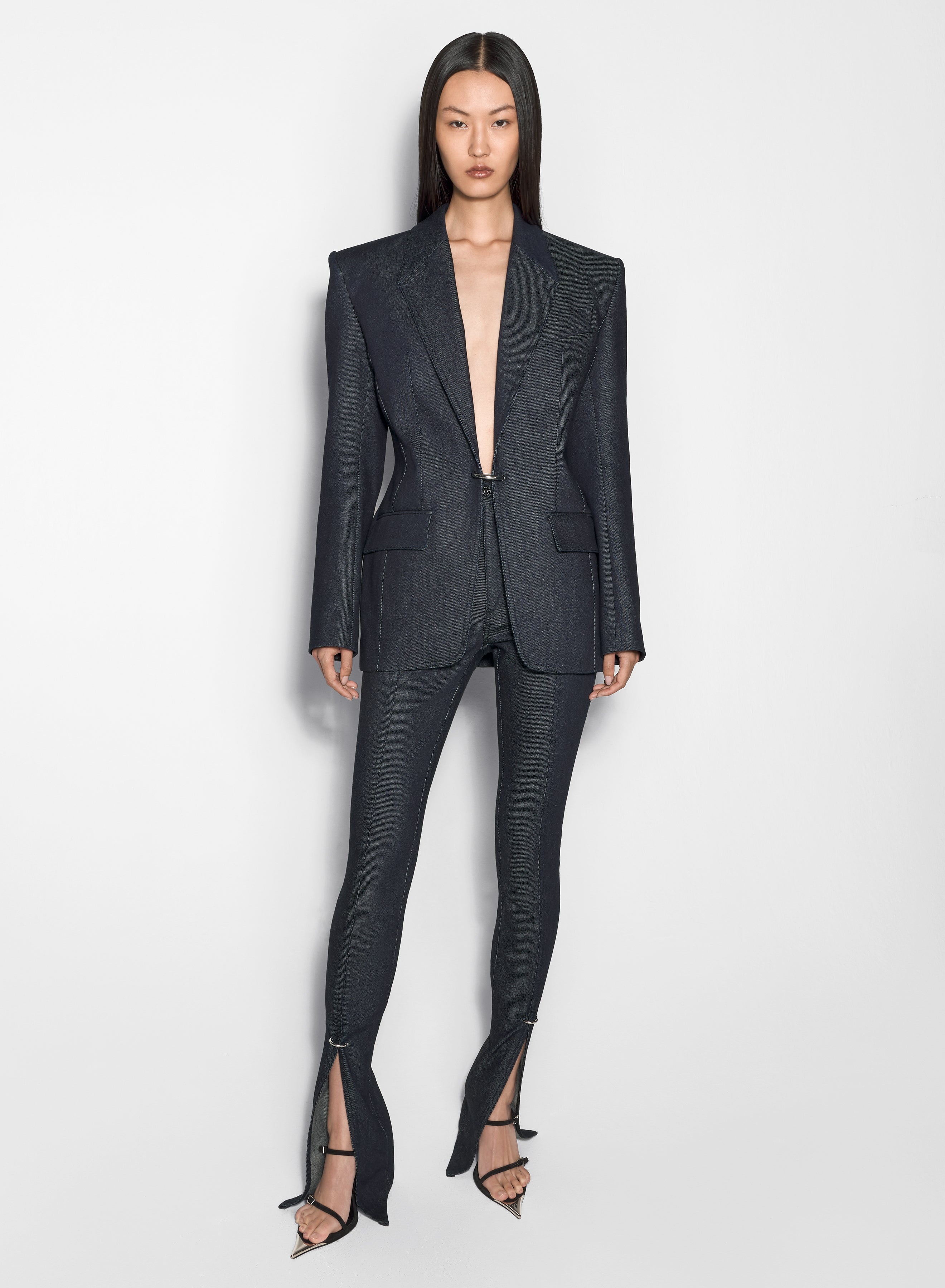 pierced tailored raw denim jacket - 2