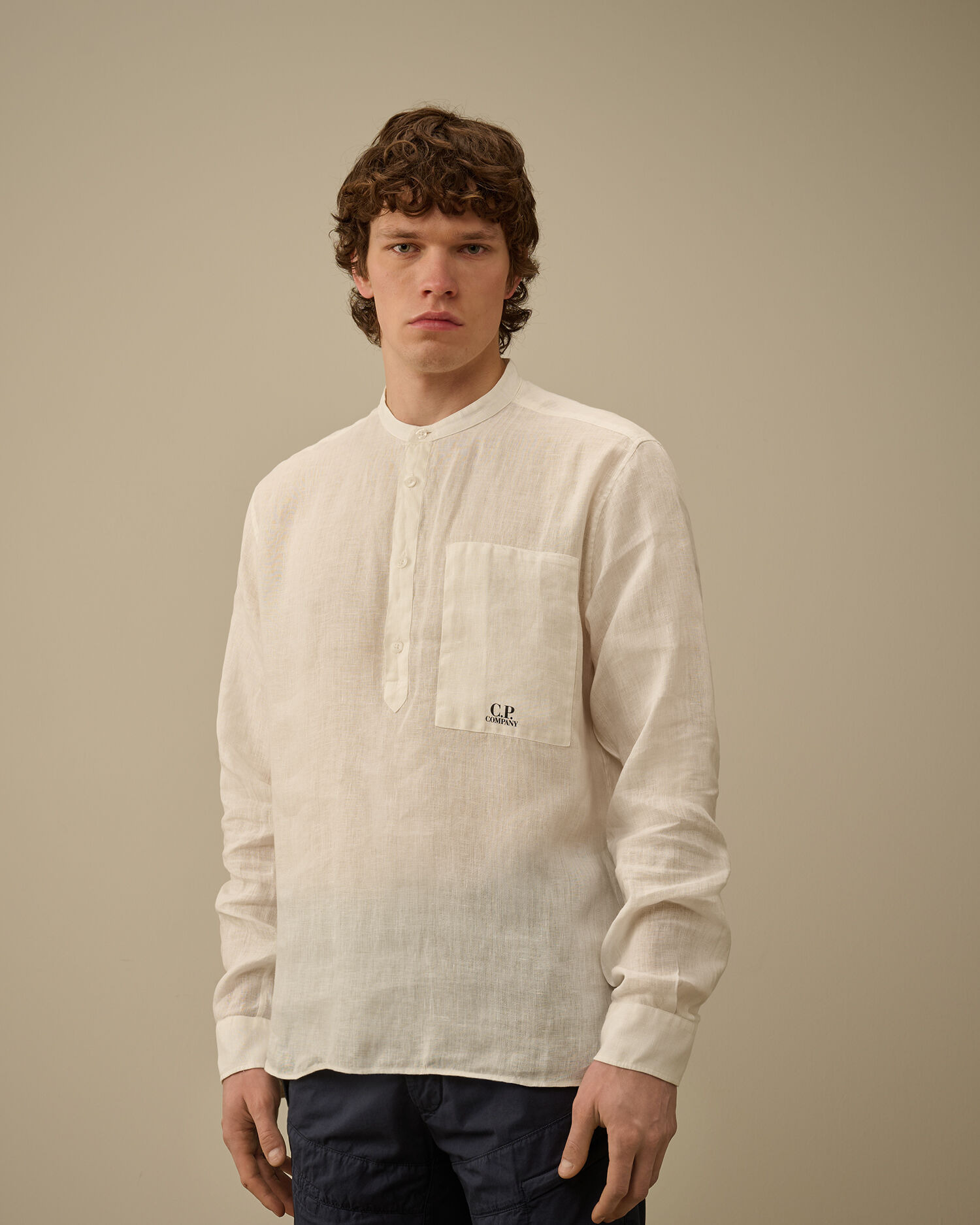 Linen Banded Collar Shirt - 3
