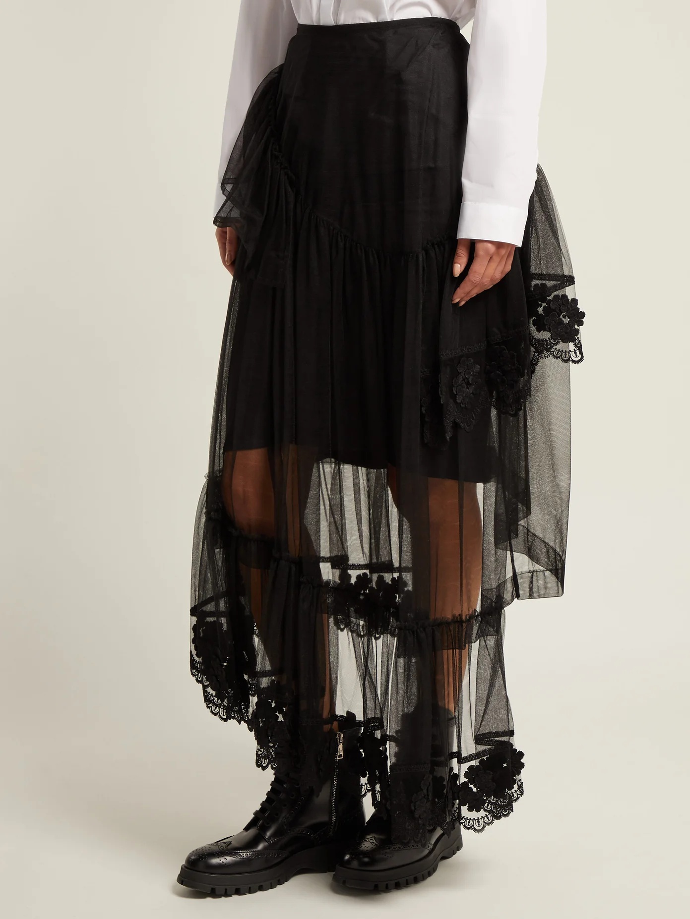 Embroidered lace-trimmed tulle skirt - 4