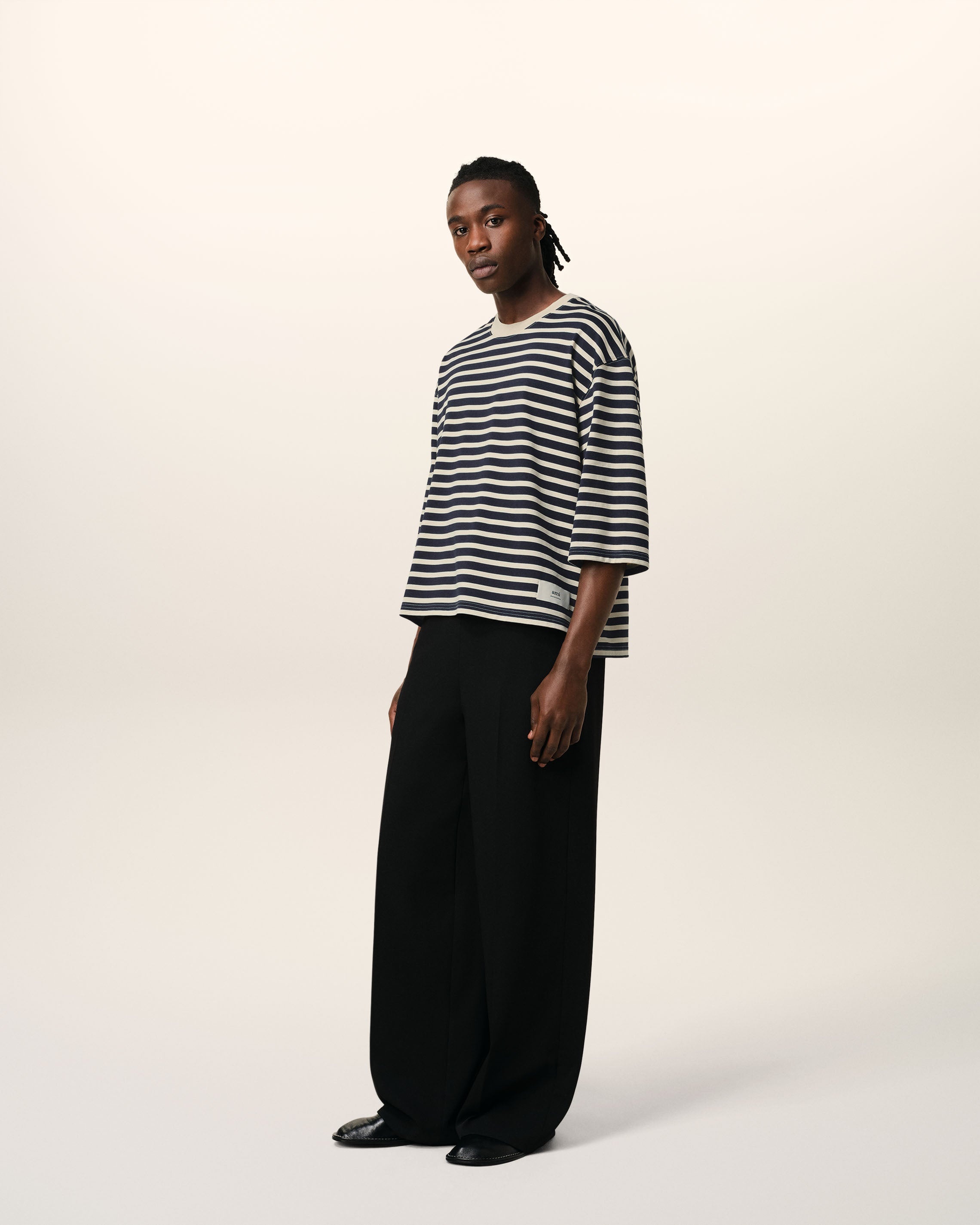 NAVY RECYCLED COTTON LOOSE STRIPED T-SHIRT - 6