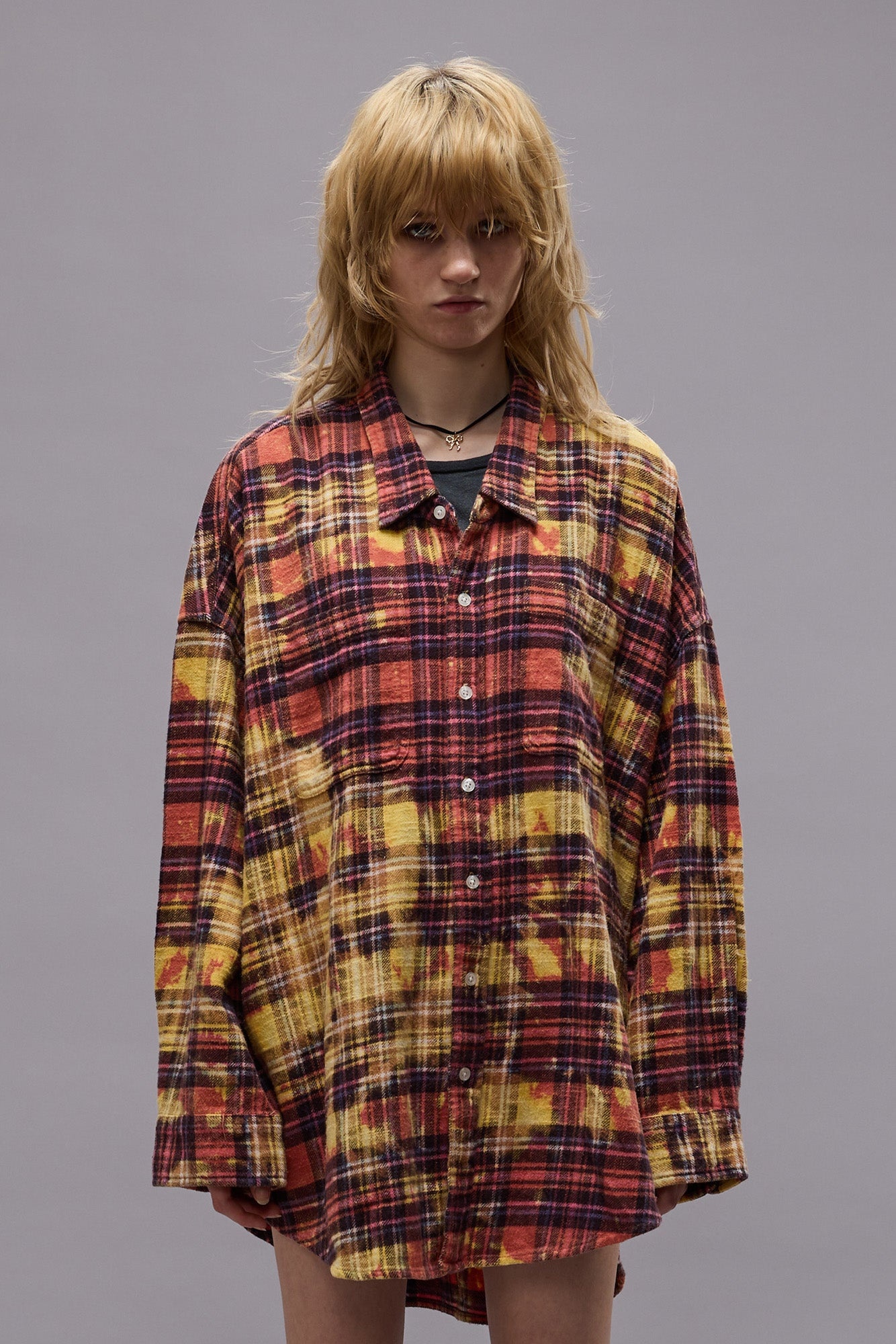 DROP NECK WORKSHIRT - OVERDYED PINK W/ IRREGULAR BLEACH PLAID - R13 - 3