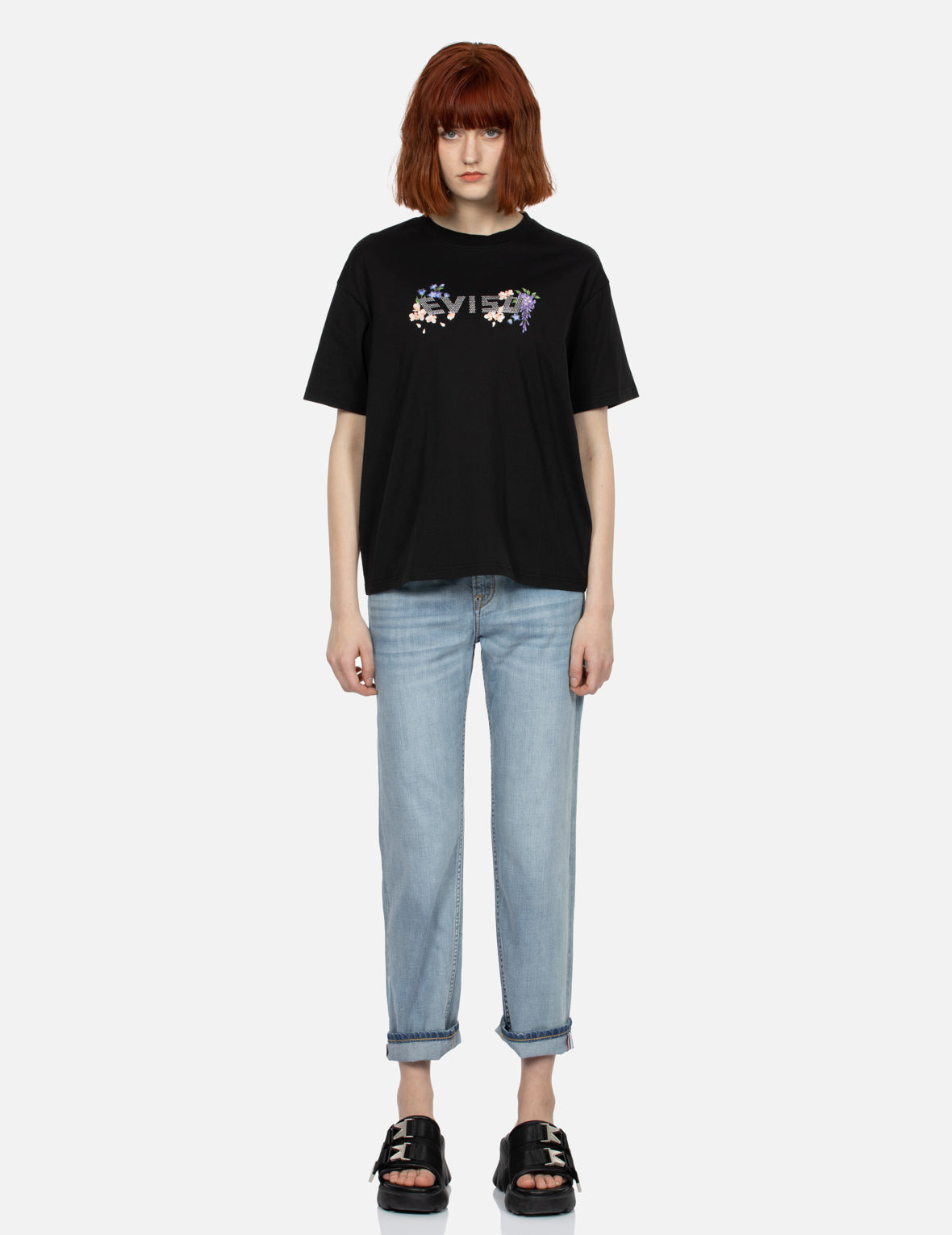 FLORAL PRINT AND RHINESTONE LOGO OVERSIZED T-SHIRT - 5