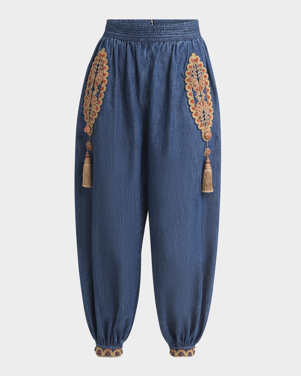 Embroidered Chambray Denim Wide-Leg Crop Blouson Trousers - 1