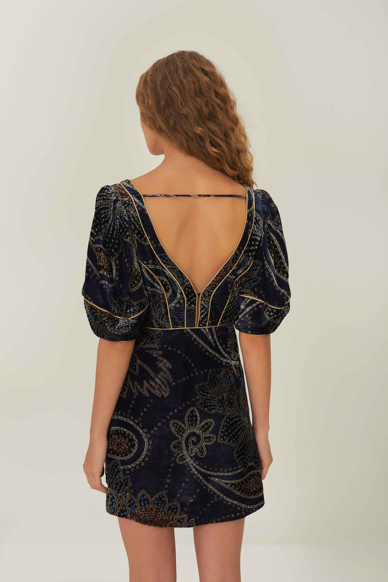 Blue Floral Glam Scarf Velvet Mini Dress 4