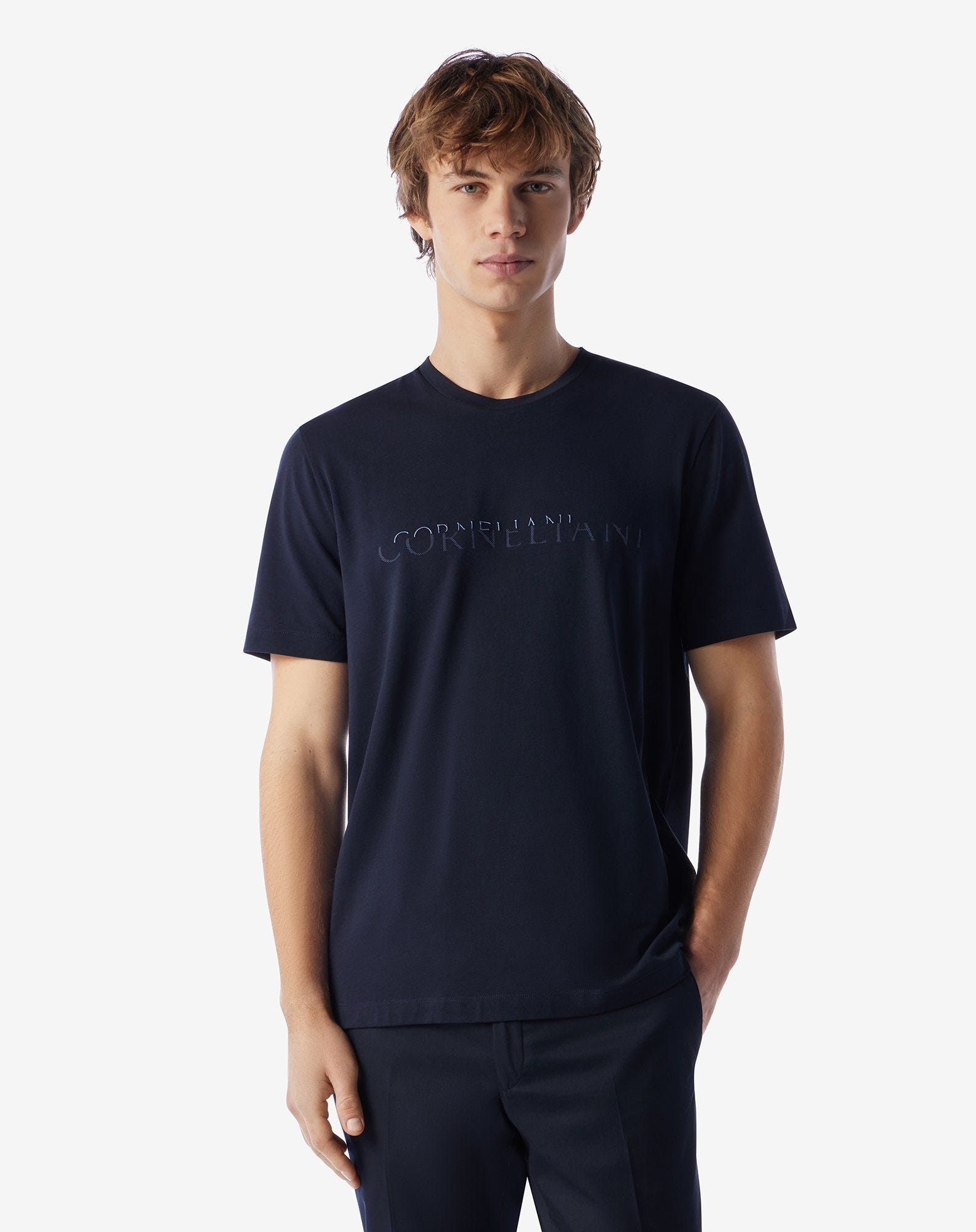 Navy blue crew neck stretch jersey t-shirt - 2