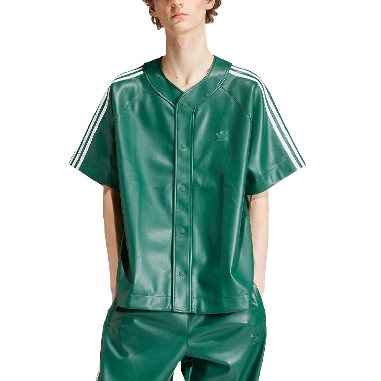 adidas Faux Leather Adicolor 3-Stripes Baseball Shirt Asia Sizing 'Collegiate Green' IZ4047 - 2