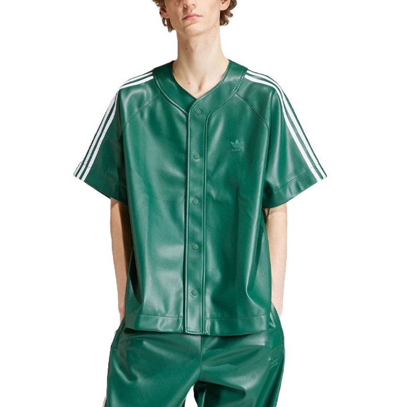 adidas adidas Faux Leather Adicolor 3-Stripes Baseball Shirt Asia Sizing 'Collegiate Green' IZ4047 outlook