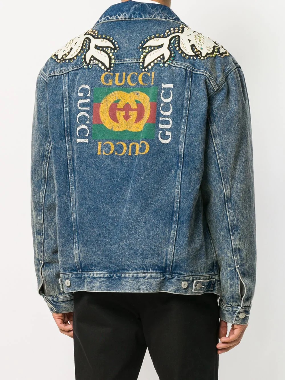 Gucci Logo print denim jacket with floral appliqués - 4