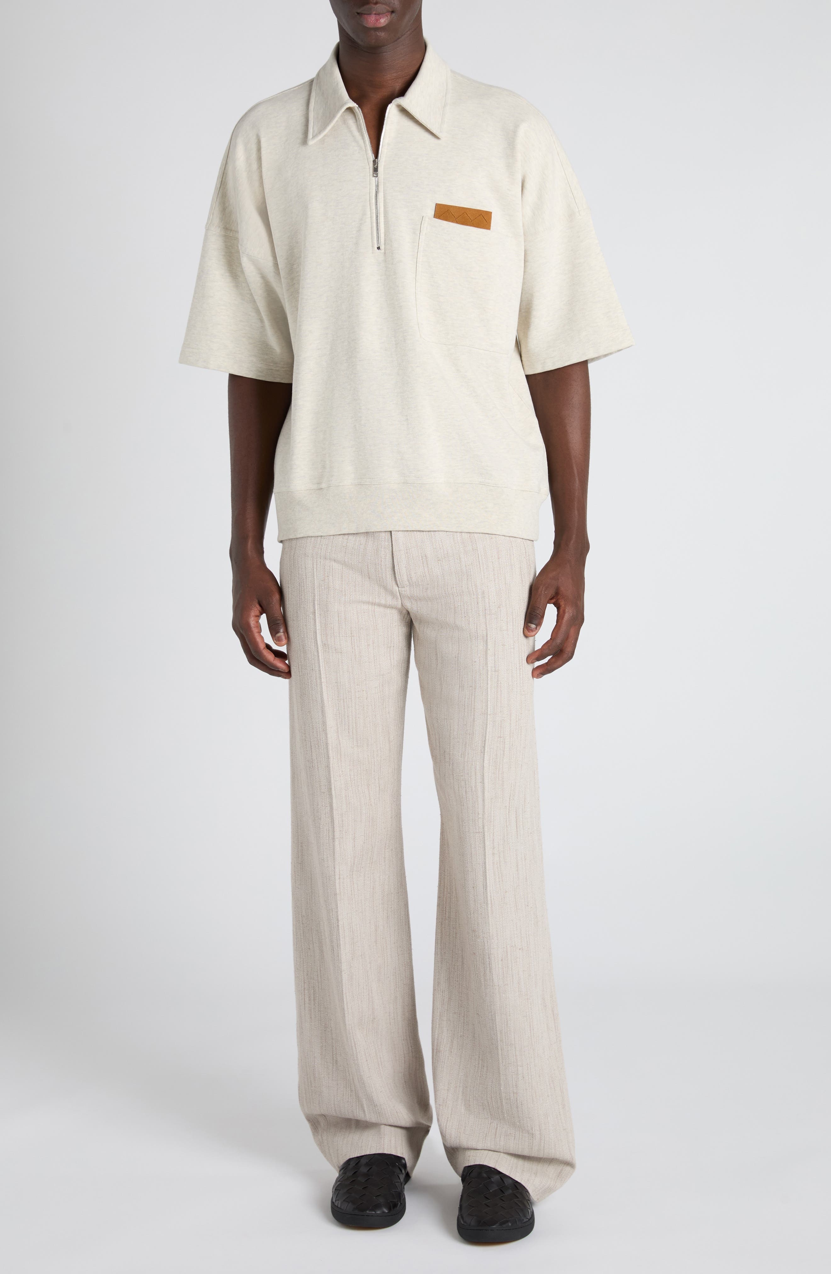 Bottega Veneta Double Cotton Mélange Jersey Quarter Zip Polo with Intrecciato Suede Patch in 9781 Se - 2