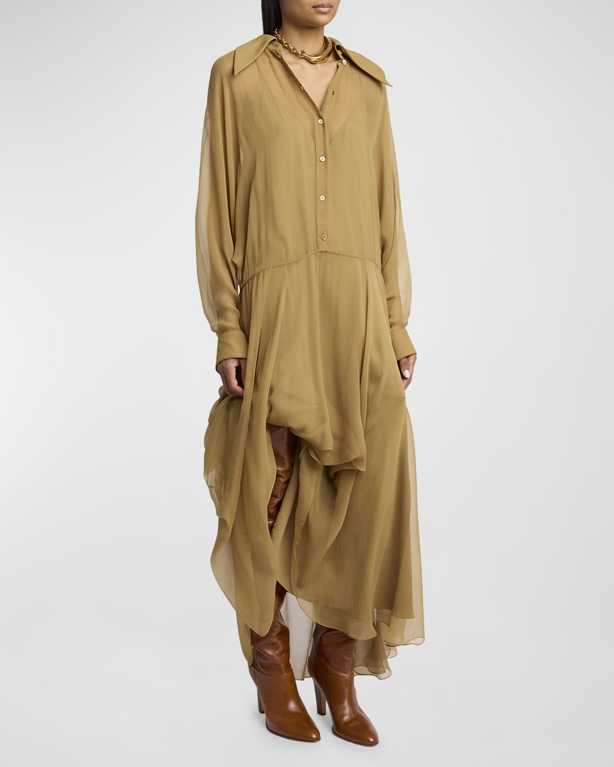 Long-Sleeve Organic Silk Maxi Shirtdress - 3