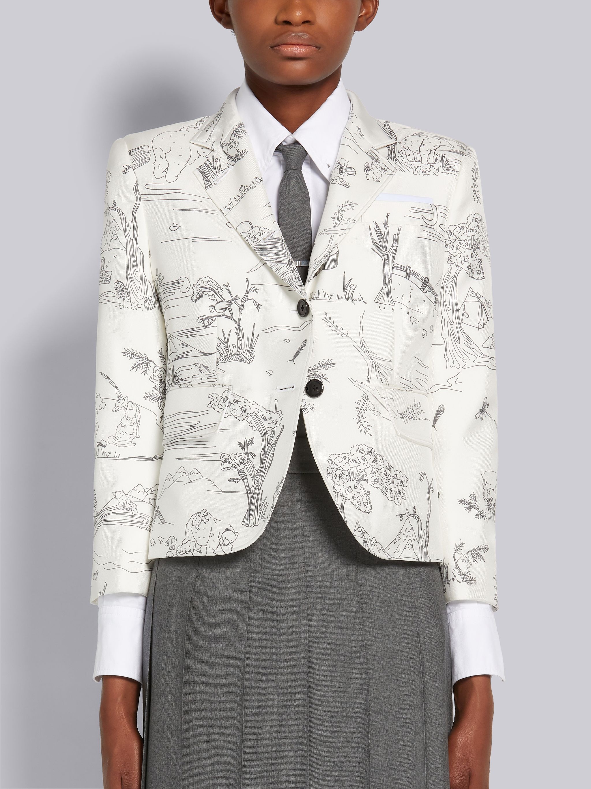 White Silk Twill Animal Camp Toile High Armhole Sport Coat - 1