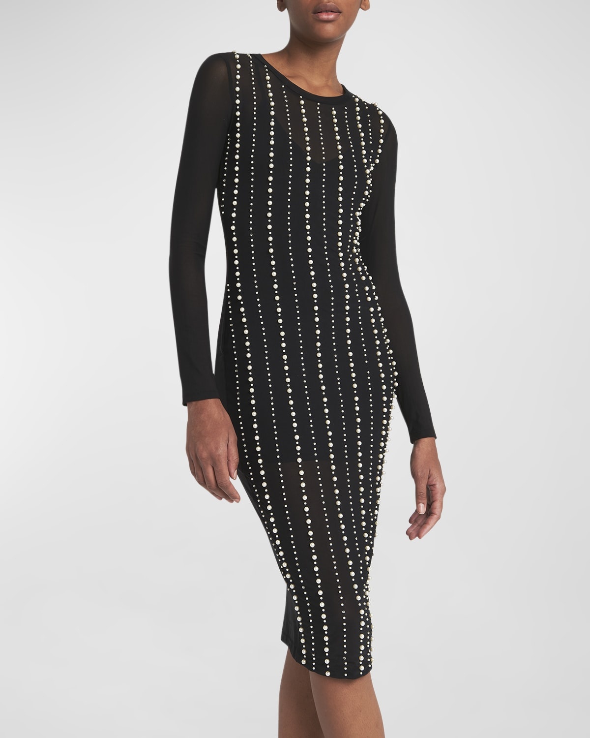 Long-Sleeves Embellished Mesh Midi Dress - 7