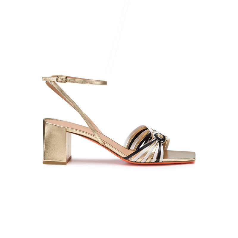 Women's gold, black and white leather mid-heel sandal 1