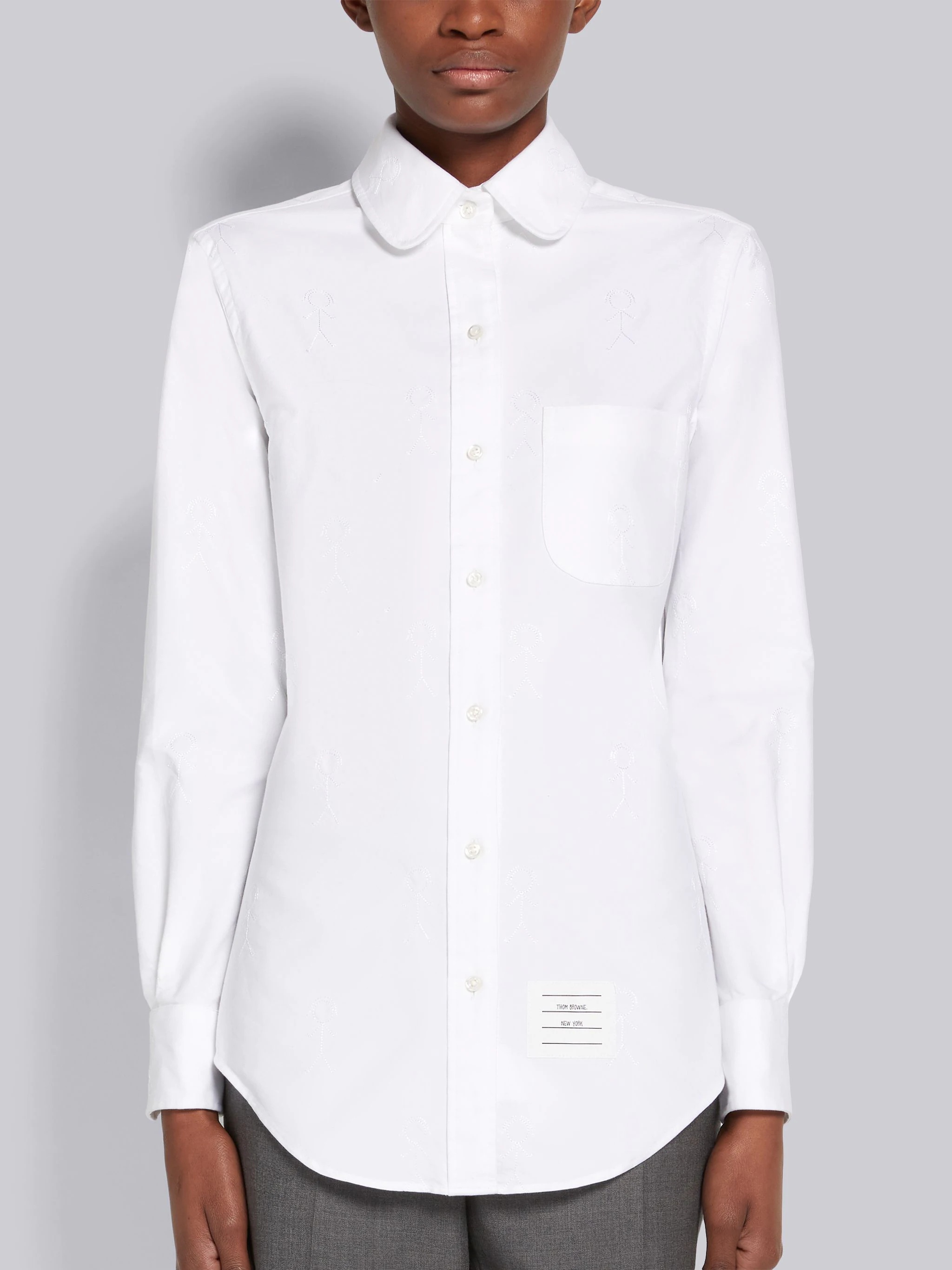 White Oxford Tonal Mrs. Thom Icon Satin Stitch Half Drop Embroidery Classic Round Collar Shirt - 3