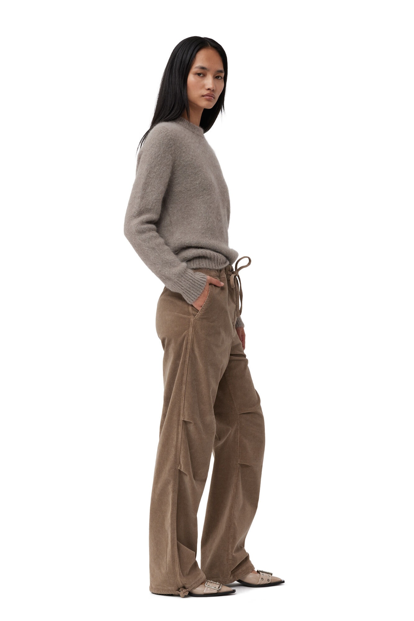 BROWN WASHED CORDUROY DRAWSTRING PANTS - 4