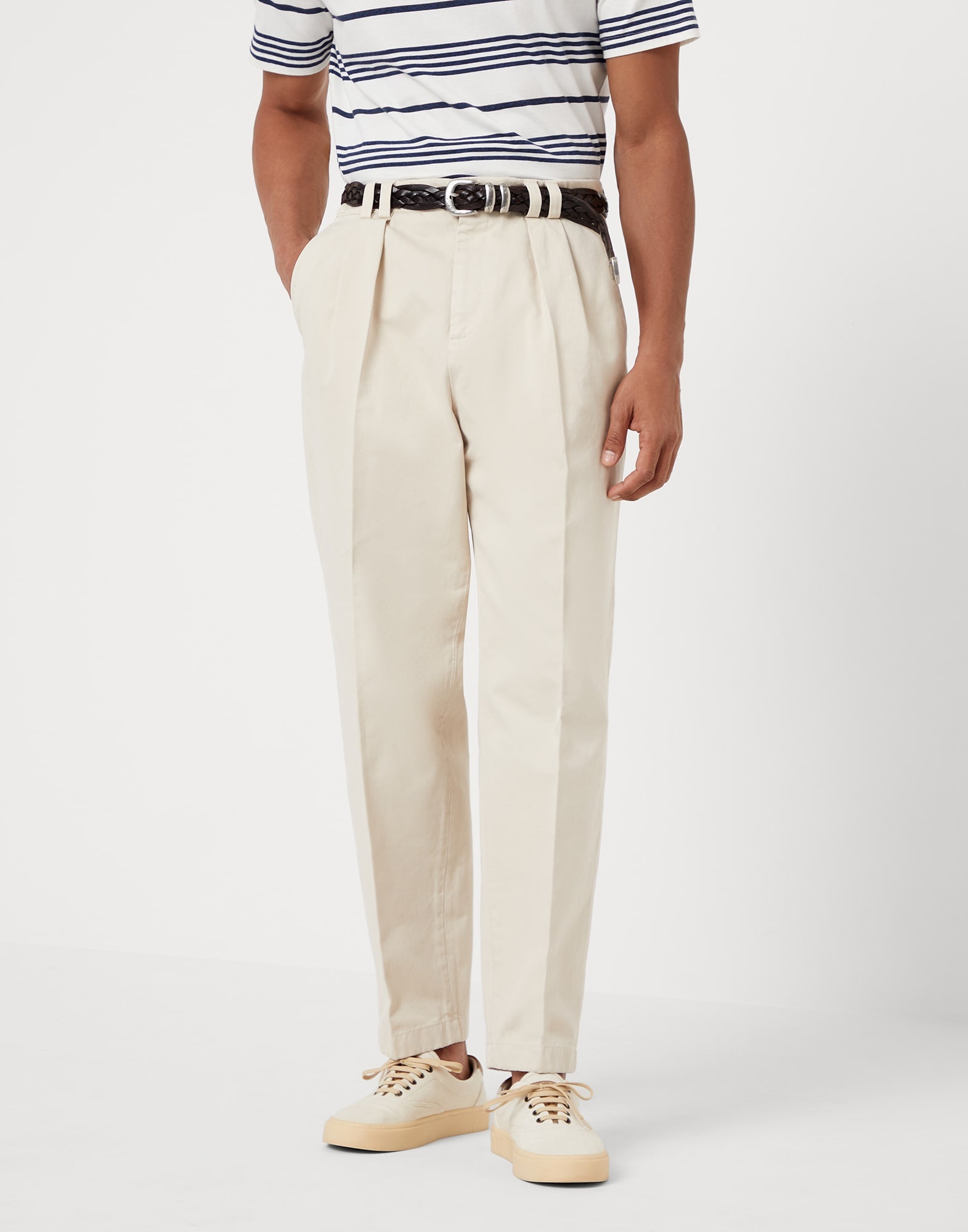 Twisted cotton gabardine relaxed fit trousers with reversed double pleats - 1