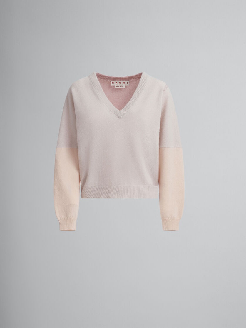 PEACH PINK WOOL AND CASHMERE COLOR BLOCK V-NECK SWEATER - 1