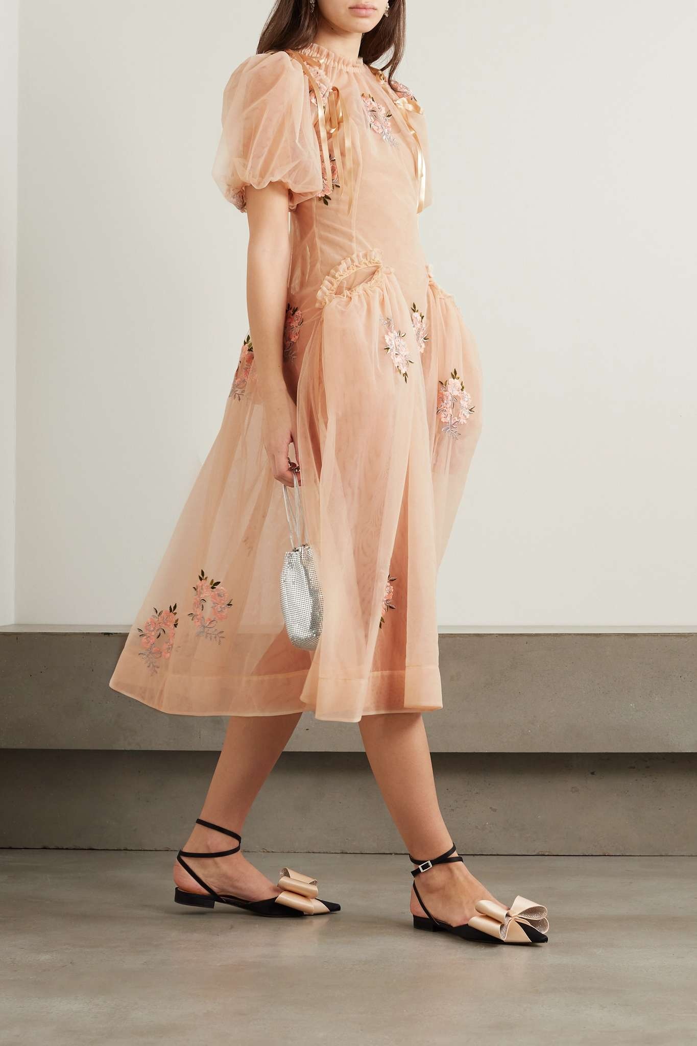 Simone Rocha Satin-trimmed cutout embroidered tulle midi