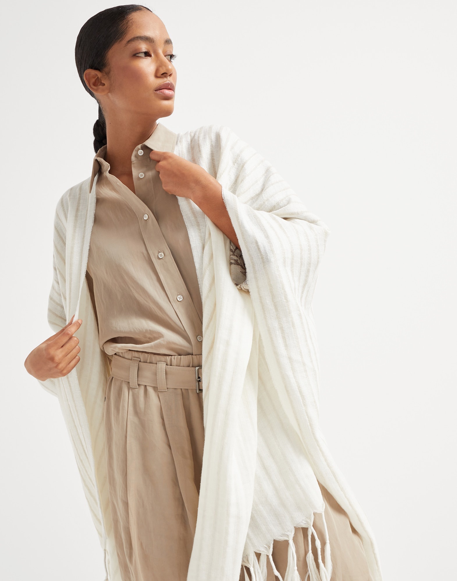 Sparkling striped wool and linen double knit poncho - 4