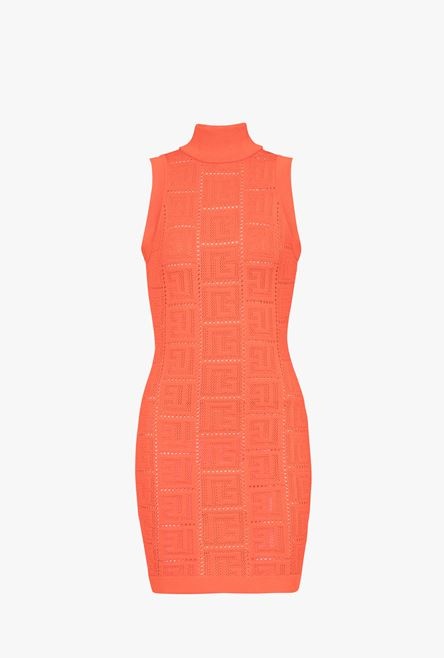 Short dark orange eco-designed knit dress with Balmain monogram - 1