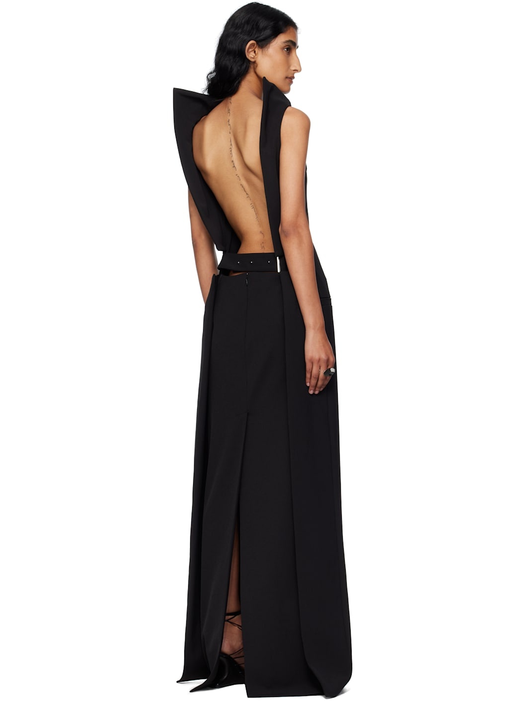 Black Backless Belt Maxi Dress - 3