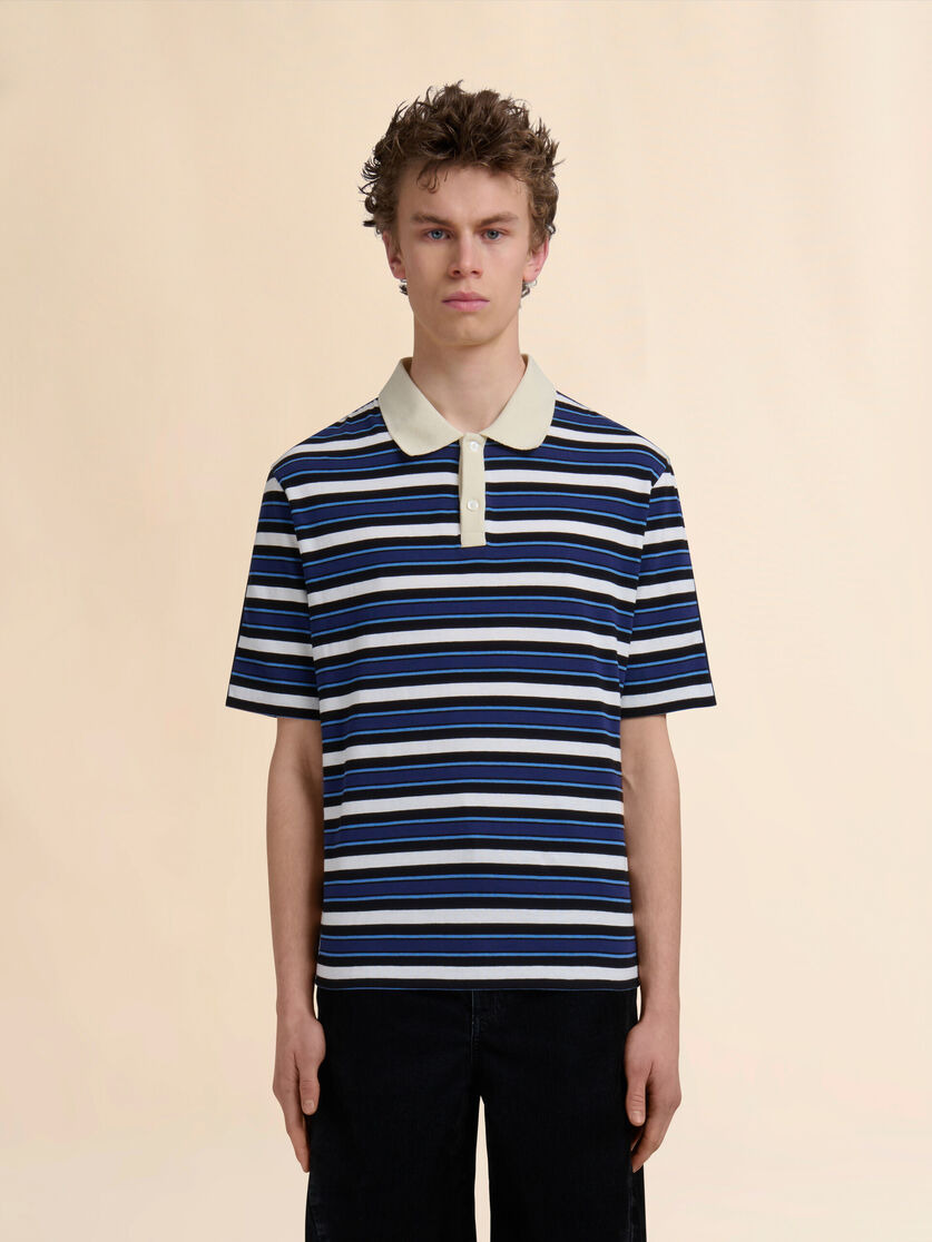 BLUE ORGANIC COTTON POLO SHIRT WITH STRIPED FRONT - 2