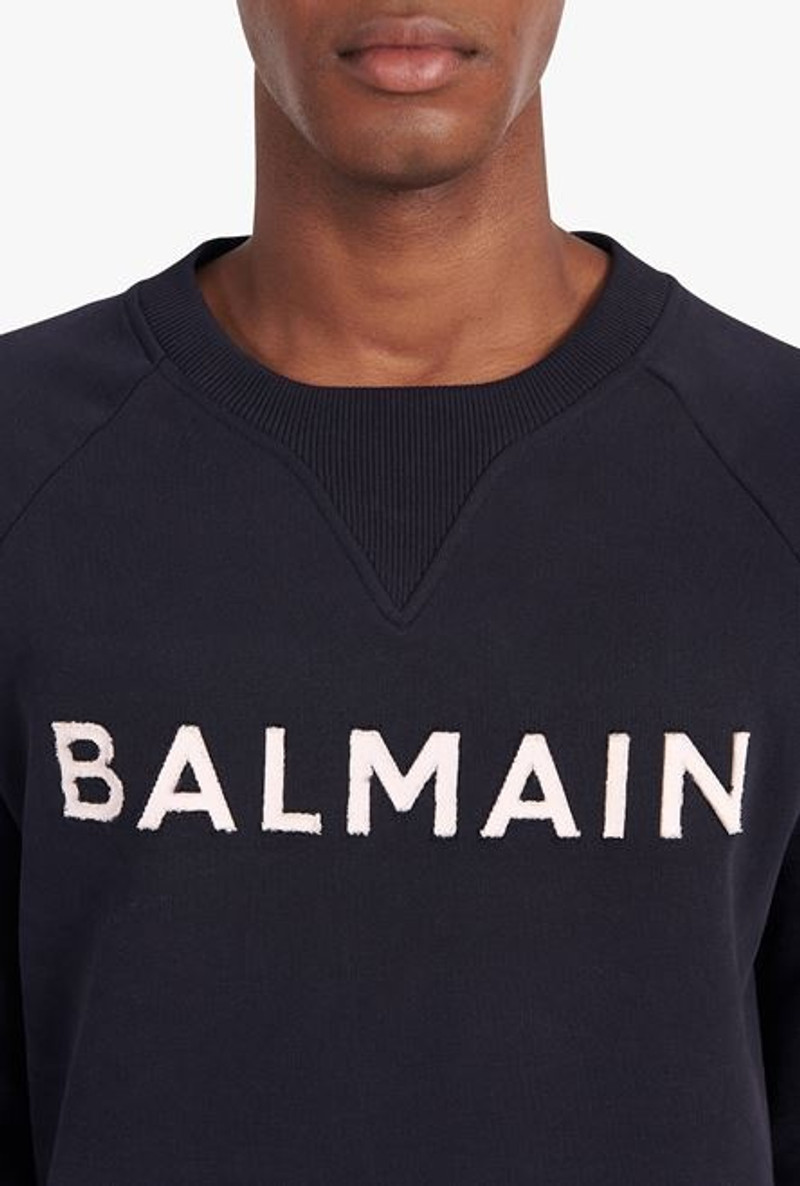 Dark navy blue eco-designed cotton sweatshirt with pale pink Balmain logo appliqué 6