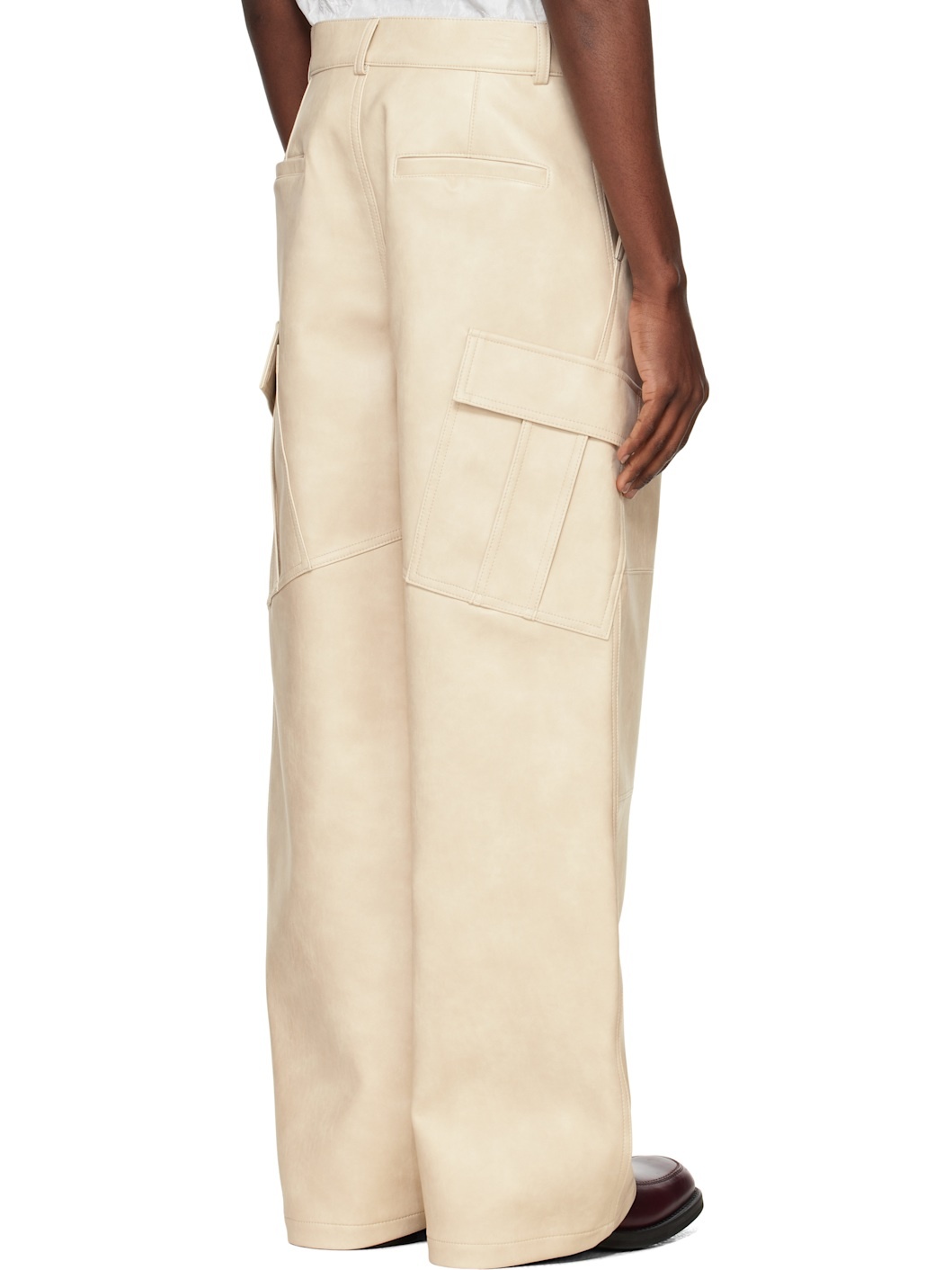 Beige Faux Leather Cargo Pants - 3